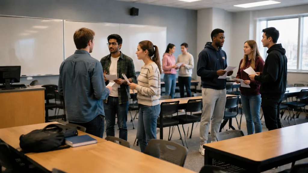 Grouped students planning their work among themselves