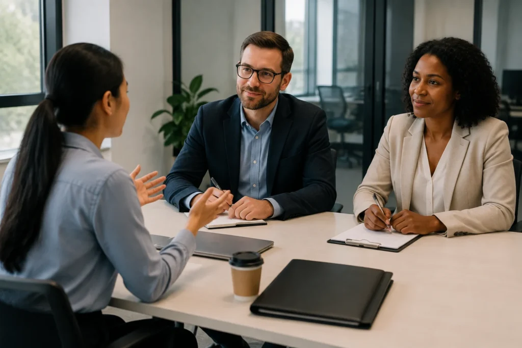 Candidate explaining group experiences to interviewers