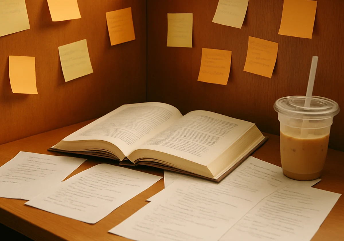 A student's workspace in a library carrel during afternoon hours
