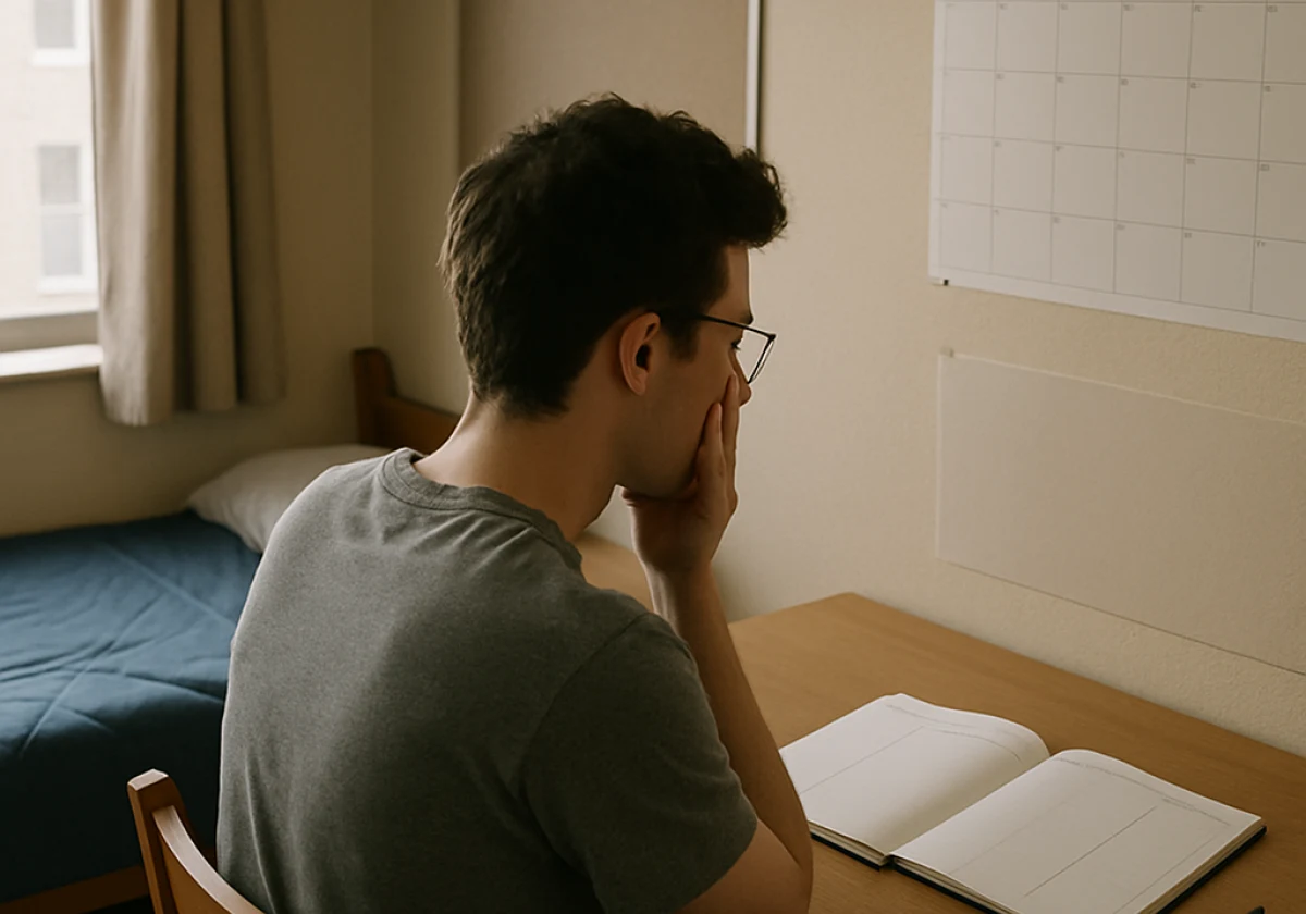 A university student in a sparse bedroom in midday light