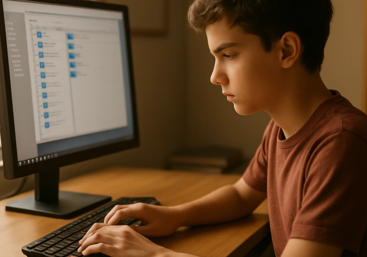 Young student at a desk with a desktop computer