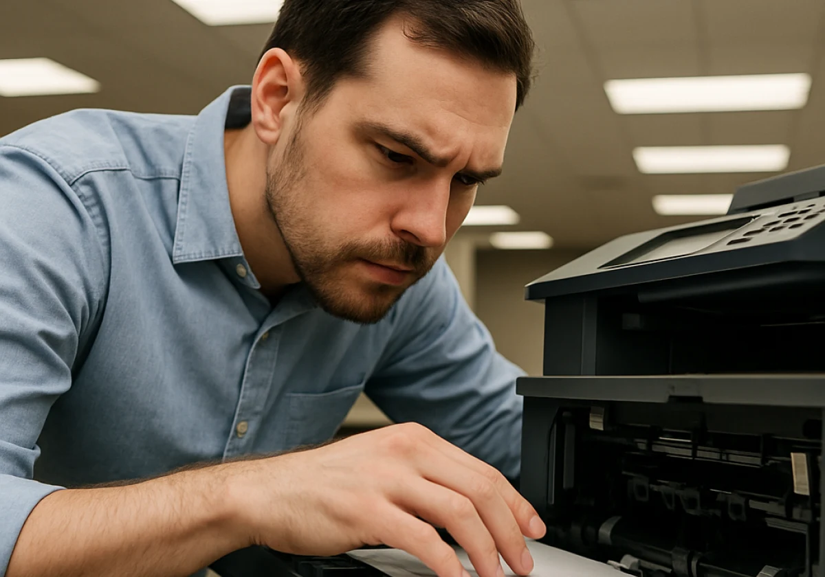 Person troubleshooting an office printer